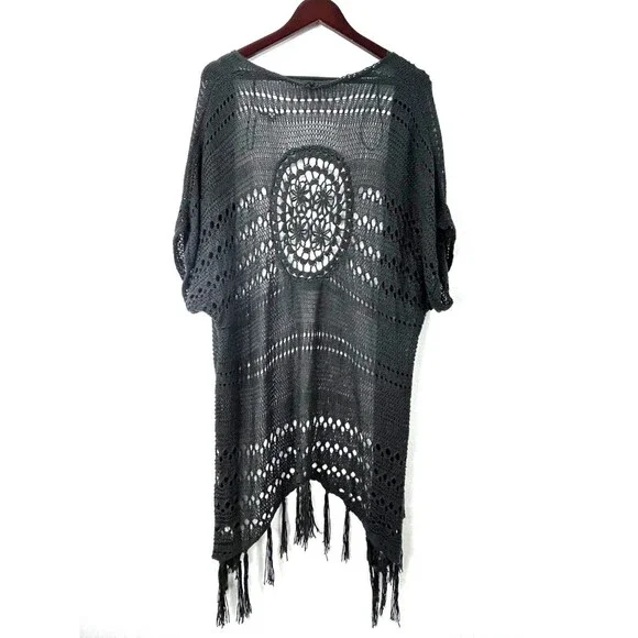 Womens Sleeveless Long Crochet Shawl Open Cardigan Cover Up Fringe Gray Sz S - Picture 4 of 12